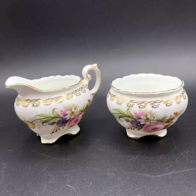 Vtg EB Foley England Bone China Creamer & Open Sugar Bowl Set Floral Gold Trim