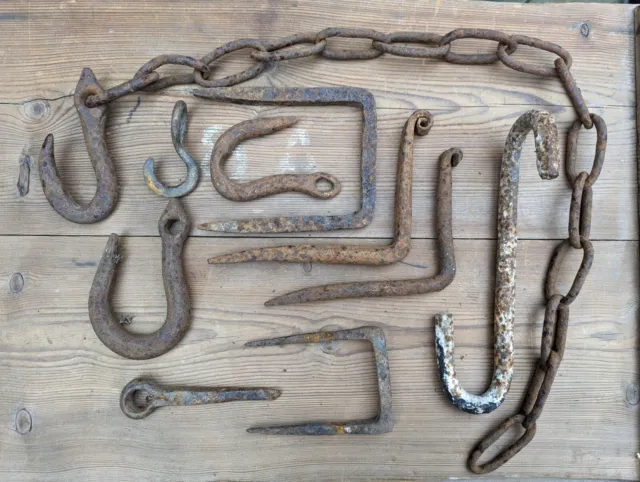 Antique Original~Wrought Iron Hooks~Job lot~Staples~S-Hook~Hook on Chain~Ring~