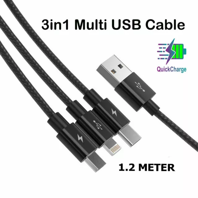 3 in 1 Fast Multi USB Phone Charger Charging Cable Sync Braided iPhone Android 2