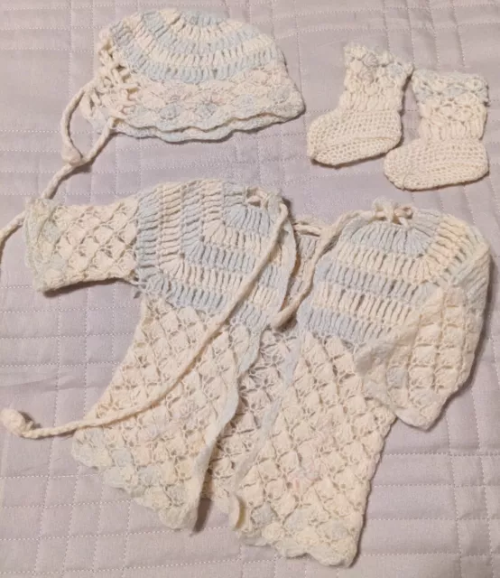 Vtg 1952 Baby Cardigan Bonnet Booties set Hand Crochet Yellow with Blue accents