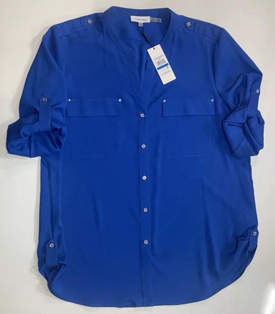 CALVIN KLEIN WOMEN'S Blouse Roll Tab Long Sleeve Button Shirt XL NWT ...