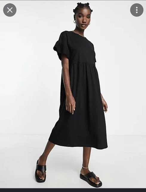 RIVER ISLAND BLACK SMOCK FRILL HEM MIDI DRESS. Size 6! Brand New. RRP £30!