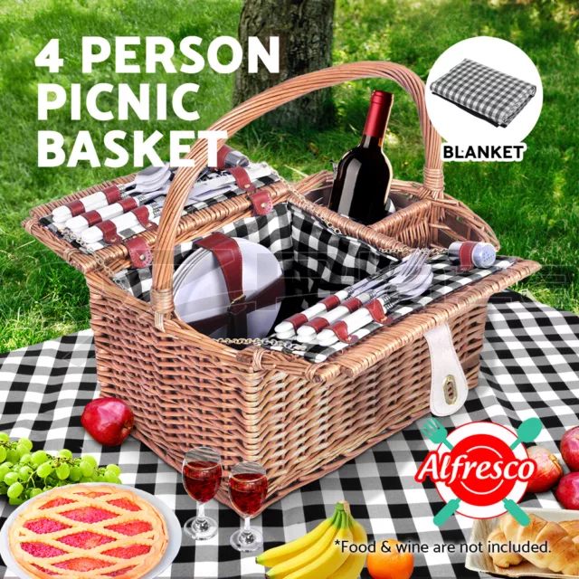 Alfresco 4 Person Picnic Basket Set Willow Vintage Baskets Insulated Blanket Bag