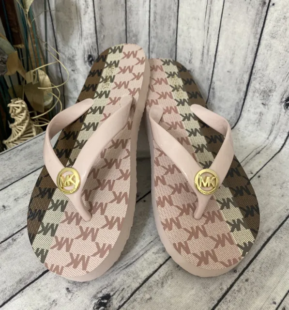 Michael Kors Women's Flip Flops Size 7M Mk Logo Pink & Brown New! Mk Sandals