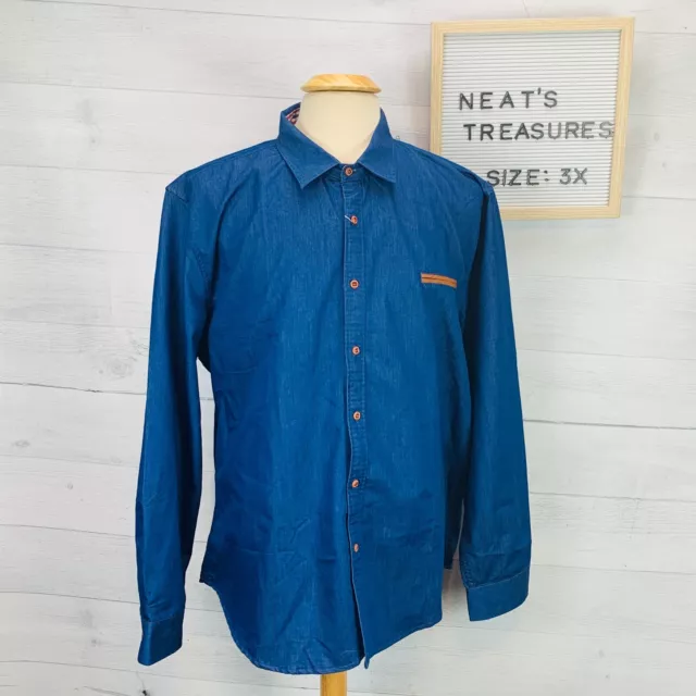 COOFANDY Blue Blue Plaid Cuffs Faux Leather Trim Button Shirt Mens Sz XXXL NEW