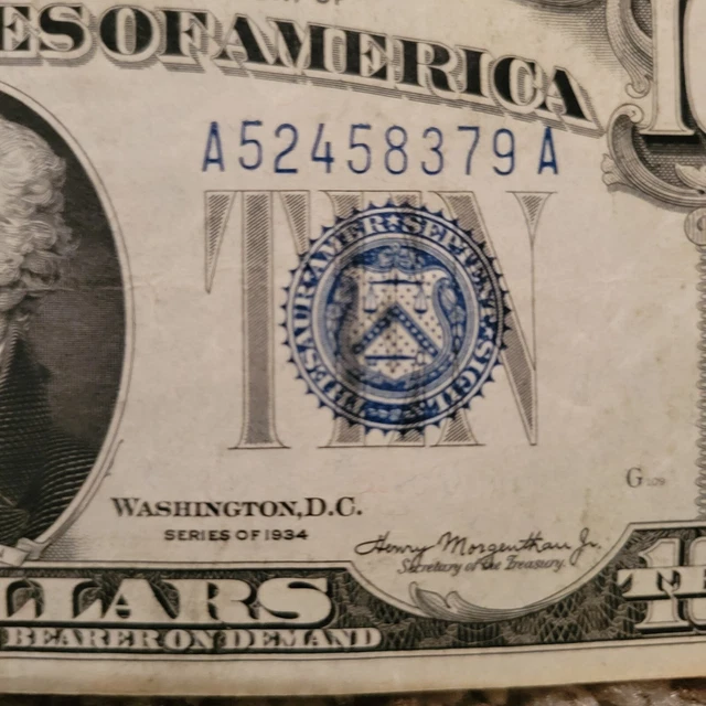 💎1934 $10 Ten Dollars Silver Certificate Blue Au Condition 3