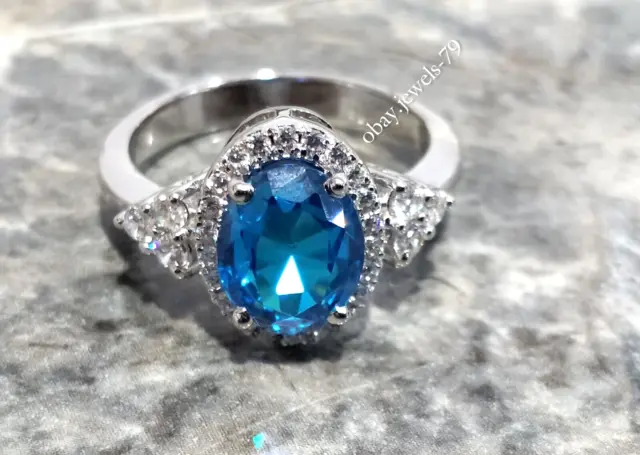 3Ct Oval Cut Lab Created Blue Topaz Women's Engagement Ring 925 Sterling Silver