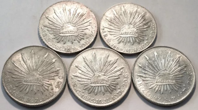 Lot (5) Mexico Silver Eight Reales 1886 1889 1892 1893 1897 Libertad Cap Rays 8R