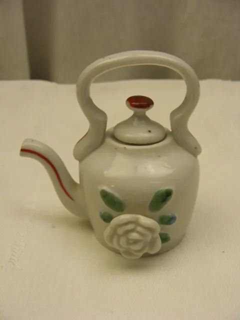 Vintage Occupied Japan Miniature White Teapot with Applied Handle and Flower
