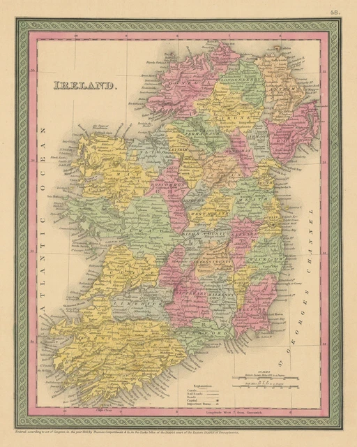 Ireland. Counties & canals. THOMAS, COWPERTHWAIT 1852 old antique map chart