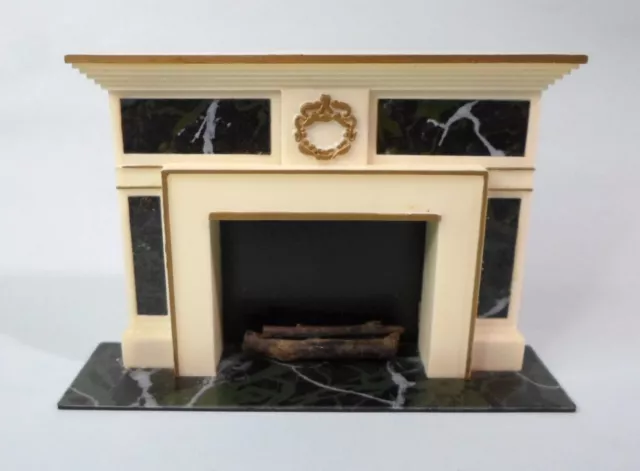 Vintage IDEAL DOLLHOUSE FIREPLACE w/ Logs Faux Marble Hearth & Panels 4.75" Wide