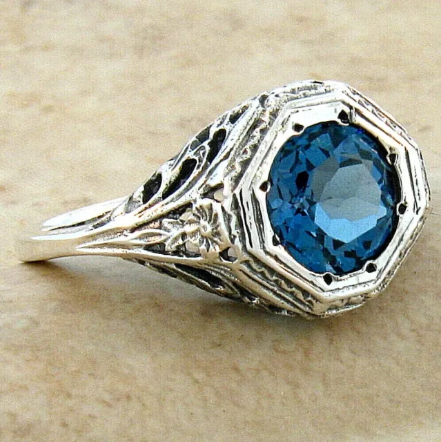 GENUINE 1.5 CT LONDON BLUE TOPAZ 925 STERLING SILVER DECO ANTIQUE RING ...