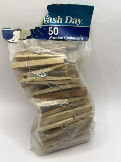 Vintage 50 Wash Day Natural Hardwood Clothes Pins Heavy Duty Spring Sealed Bag