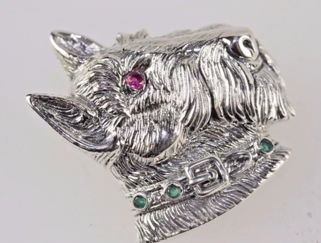 Scottie Dog Scottish Terrier West Highland White Solid Silver Brooch Ruby Eyes