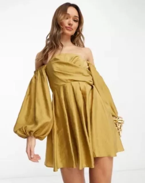 🌻 NEW Asos Design Gold Off Shoulder Dress | Corset | Puff Sleeves Sz 8 RRP£55