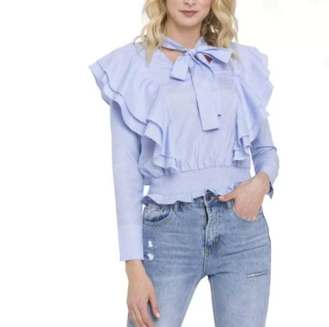 NWT English Factory Ruffle Long Sleeve Blouse Blue Stripe Size S