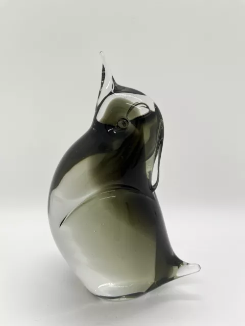Vintage Art Glass Penguin Bird  Clear Black Gray Paperweight