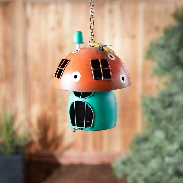 Unique Red Blue Iron Whimsical Cozy Mushroom Hanging Birdhouse Garden Decor