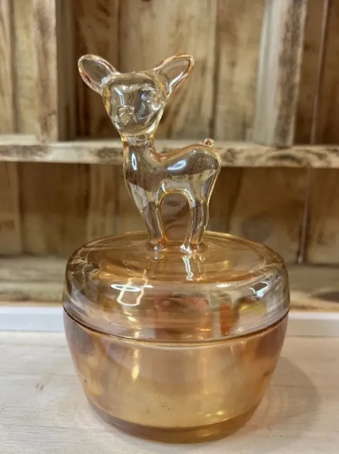 Vintage Fawn Deer Glass Powder Box Marigold Carnival Trinket Dish