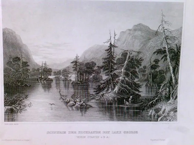 Original Stahlstich / Steel engraved print, Scenerie der Hochlande bey Lake Geor