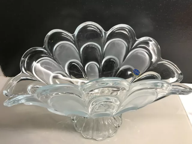 Czech/Bohemia Clear & Frosted Crystal Art Glass Peacock Feather Design Dish/Bowl