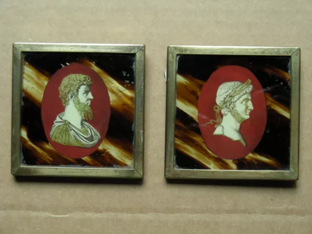 Vintage Pair Of Small Square Glass Wall Portraits In Gold-Tone Metal Frames