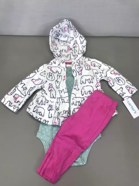 Carters Infant Newborn Girls 3 pc jumpsuit Pants Polar bear Hoodie Jacket 6M NWT