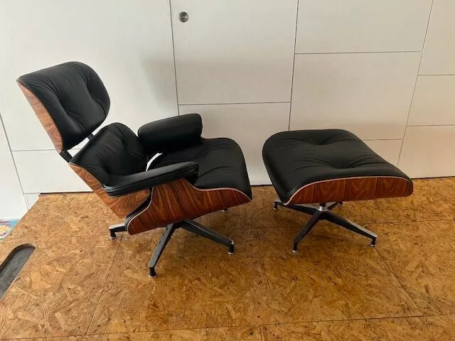 Eames Style Lounge Chair and Ottoman Black Leather and Walnut Veneer