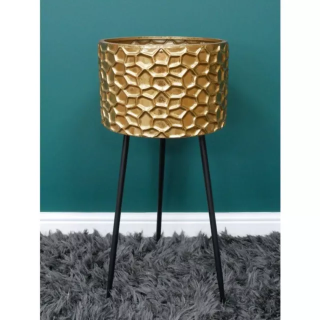 Large Gold Metal Planter on Black Tripod Stand - Textured Finish