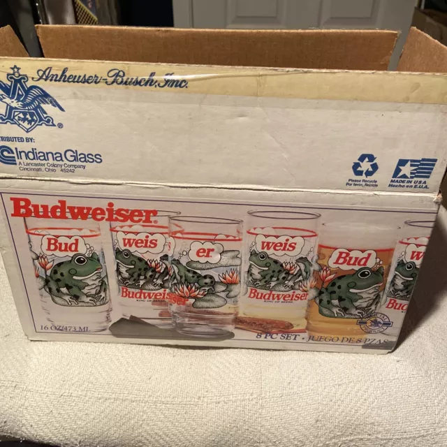 8 Pc Set Vintage Budweiser King of Beers Indiana Glass Anheuser-Busch Inc. 16oz.