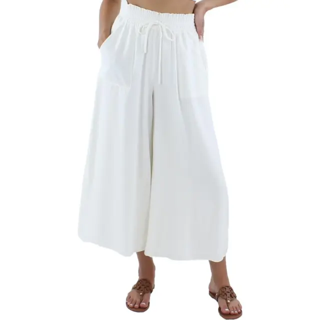 CeCe Womens White Drawstring High Rise Cropped Wide Leg Pants XS BHFO 7116