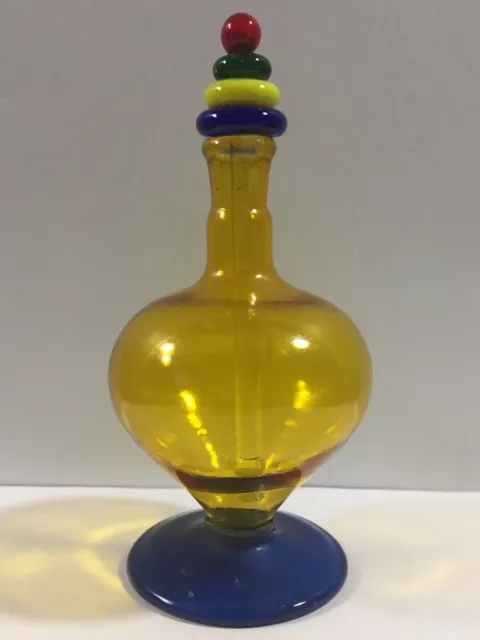 Hand Blown Clear Yellow & Blue Art Glass Perfume Pedestal Bottle w/ Dipstick Top