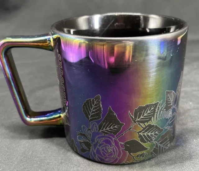 Starbucks Purple Black Oil Slick Iridescent Roses Mug  14 oz