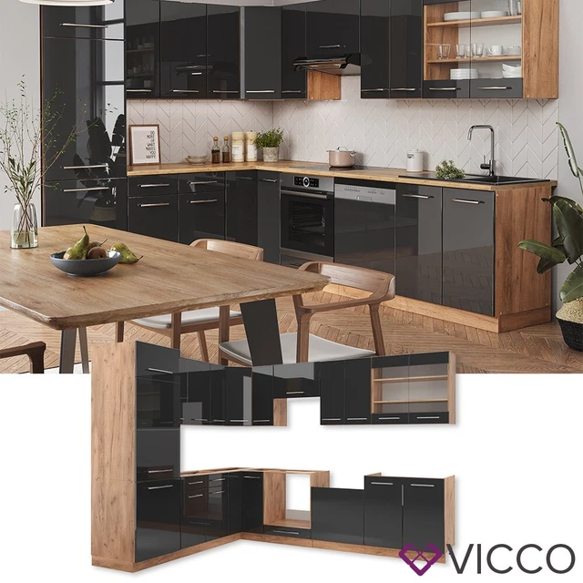 Cuisine En Angle Fame-Line, Bleu Foncé Brillant/blanc, 287 X 227 Cm Pt Chene Vicco 84220095