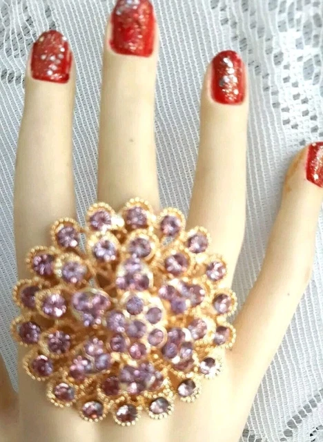 Bague Réglable Avec Strass Rose - 2 Tons Sur Métal, Garanti Sans Nickel, Neuve
