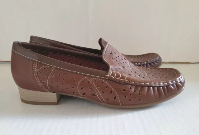 Jenny By Ara Brown Punched Leather Loafers UK Size 4.5 Sandals