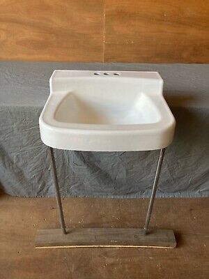 Vtg Cast Iron White Porcelain Sink Chrome Bras Legs Mid Century Bathroom 272-22E