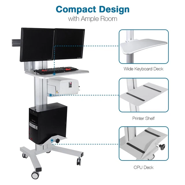 Adjustable Mobile Computer Desk Workstation Rolling PC Cart Dual Monitor Mount