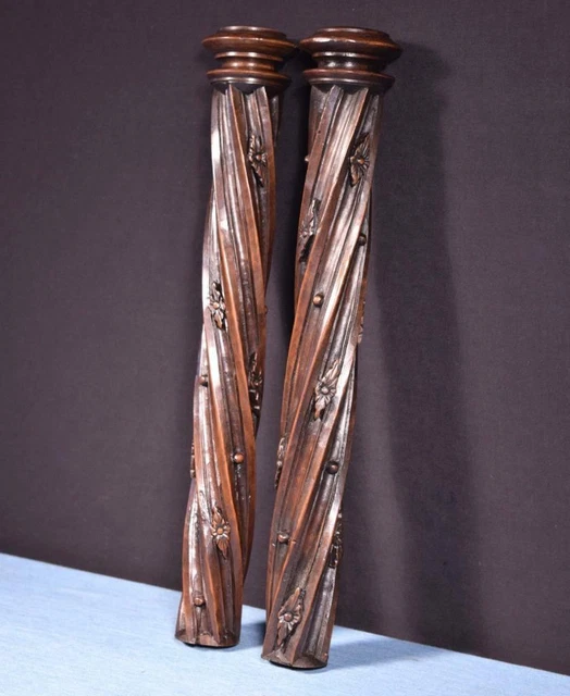 *16" Pair of French Antique Solid Walnut Posts/Pillars/Columns/Balusters Salvage 2