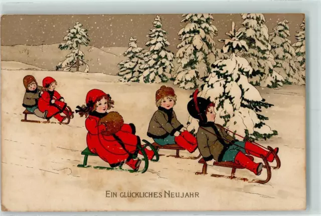 10229687 - Litho - Kinder rodeln , Neujahr , Meissner & Buch AK Schlitten 1913