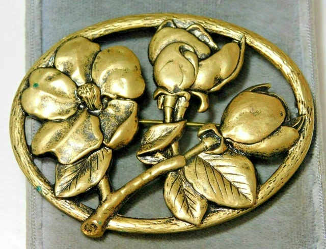 Ancienne Broche Art Nouveau / Art Déco - Motif Fleuri Peint Sur Acier - Vintage