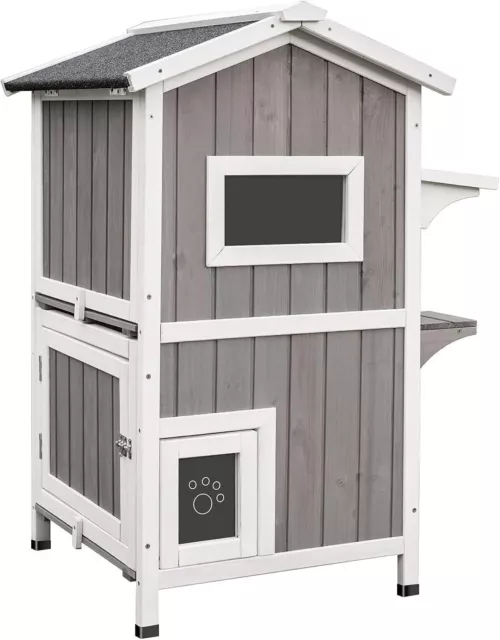 Outdoor Cat House Two Story Wood Cat Shelter w/ Weatherproof Roof & Escape Door