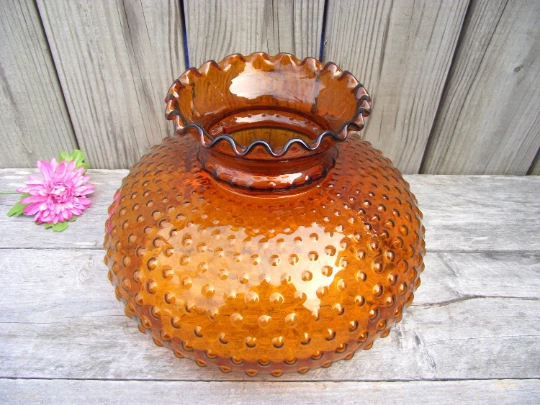 Antique Vintage Fenton Amber Glass Hobnail Hurricane Lamp SHADE 10" fitter Globe
