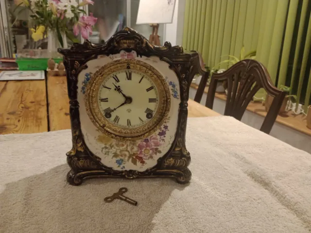 Antique Ansonia Royal Bonn La Veta Porcelain Mantle Clock Floral circa 1880