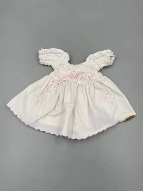 Vintage White Baby Doll Dress Knitted Top Embroidered Flowers & Pink Ribbon