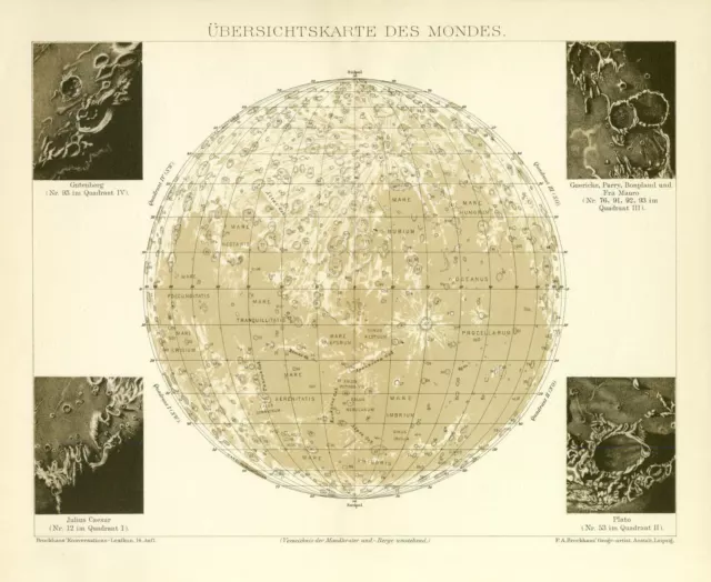 Mond Mondkarte Astronomie historische Landkarte alte Karte Lithographie ca. 1892