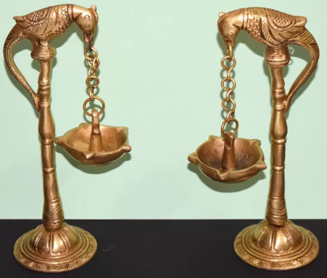 Set Mit 02 Teile Messing Lampe Pfau Diya Ständer Papagei Öl Docht Halter EK535