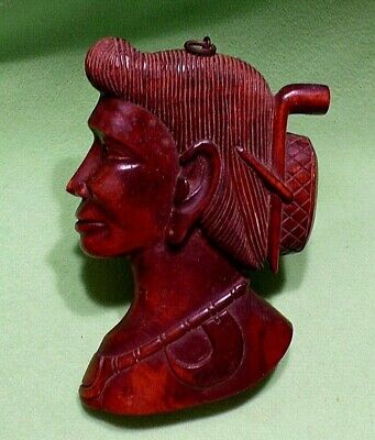 Philippines PALM WOOD carved tribal Igorot woman with smoking pipe. Vintage 1966