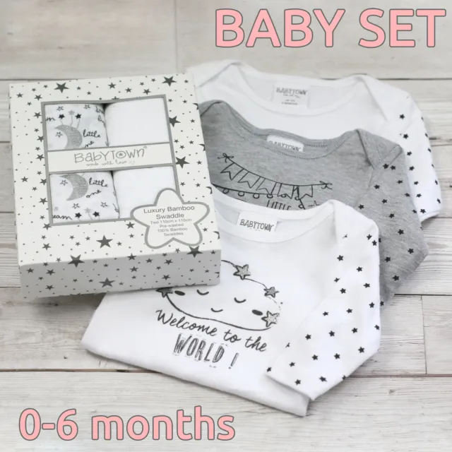 Newborn Baby Girls Set 3 Pack Bodysuit Babygrow Swaddle Blanket Multipack Bundle