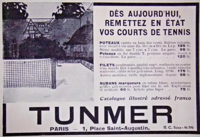 Publicité 1921 Tunmer Mettez En État Vos Court De Tennis Poteaux Filets - Paris